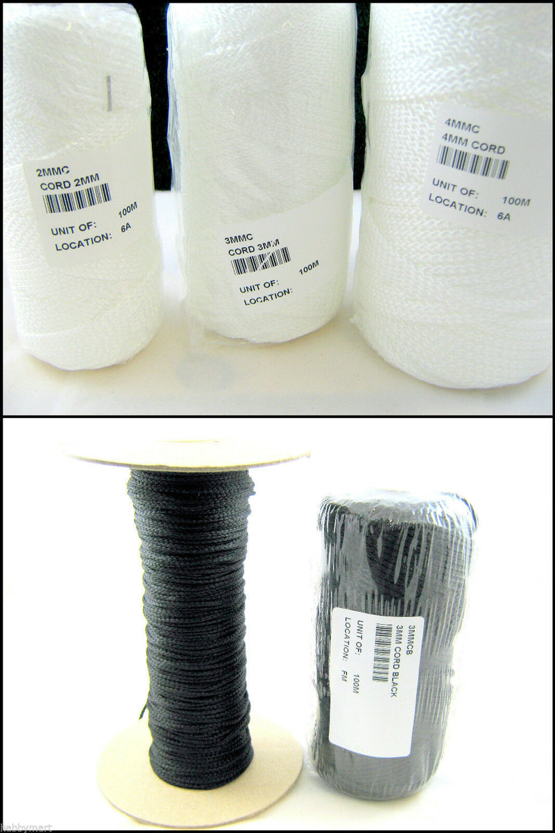 Strong Braided Polypropelylene Cord in Black or White - 100m Rolls 2mm –  ThreadandTrimmings