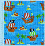 Turquiose Cotton Fabric with Pirate Ship Treasure Island Theme 100% Cotton
