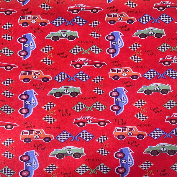 Red Cotton Fabric with Childrens Racing Cars & Flags Theme 100% Cotton 2603-01