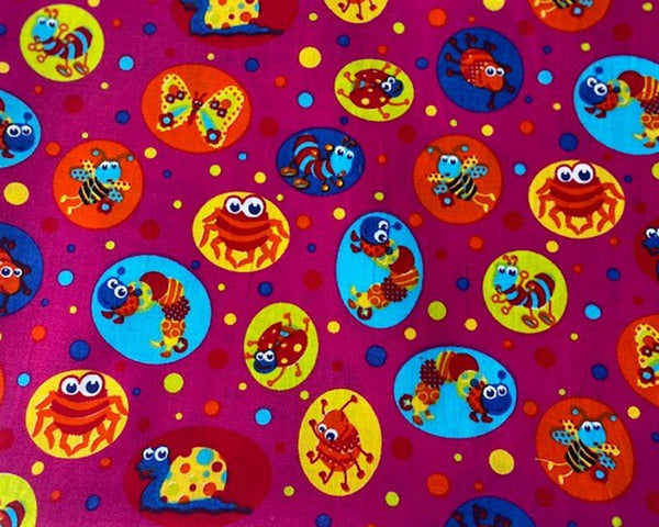 Bright Cotton Cerise Fabric with Funky Bugs Children's Theme Half Meter 56" Wide