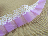 Gathered Pleated Trim in Lilac with White Lace Edge - 25mm x 3 Meters