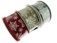 Wired Edge Natural Feel Christmas Ribbon - 38mm Wide - Printed Snowflakes 46071