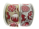 Wired Edge Red & White Christmas Baubles Ribbon on Silver or Gold 38mm - 46066