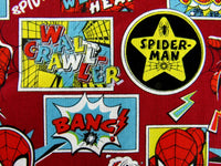 Dark Red Cotton Fabric with Spider Man Theme Does Whatever a Spider Can