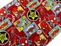 Dark Red Cotton Fabric with Spider Man Theme Does Whatever a Spider Can