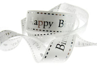 Happy Birthday Ribbon by Berties Bows - 3m x 25mm White Satin Ribbon Metallic