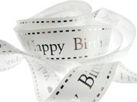 Happy Birthday Ribbon by Berties Bows - 3m x 25mm White Satin Ribbon Metallic