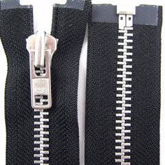 Heavy duty motorbike zip in black by YKK.  Picture shows black zip with 8mm wide silver teeth