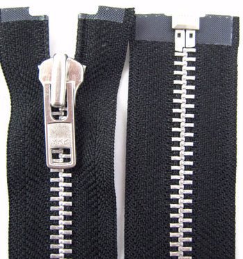 Heavy duty motorbike zip in black by YKK.  Picture shows black zip with 8mm wide silver teeth