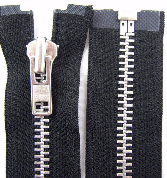 Heavy duty motorbike zip in black by YKK.  Picture shows black zip with 8mm wide silver teeth
