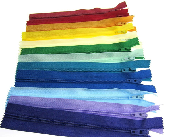 Rainbow assortment of nylon closed end dress or craft zips