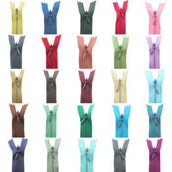 Front arial picture of 30 coloured invisible dress zips
