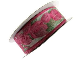 Roll of wires chiffon ribbon with pink tulips.  Front facing picture