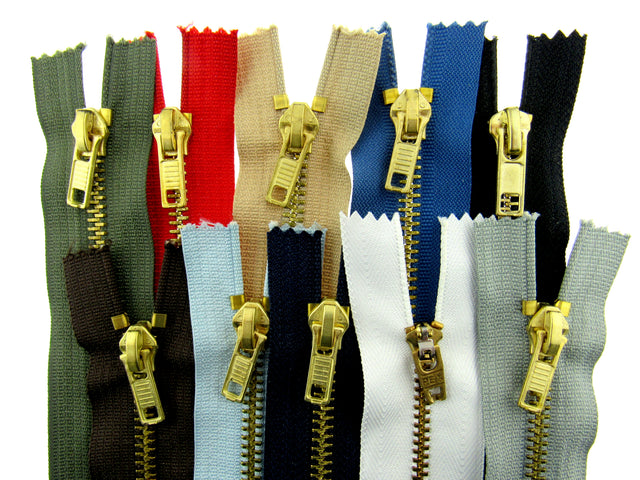 Jean zips in 10 different colours.  Yellow metal teeth