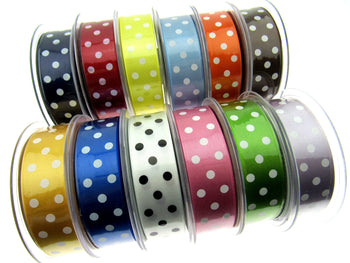 Picture showing beresfords satin ribbon with polka dots.  Angle picture