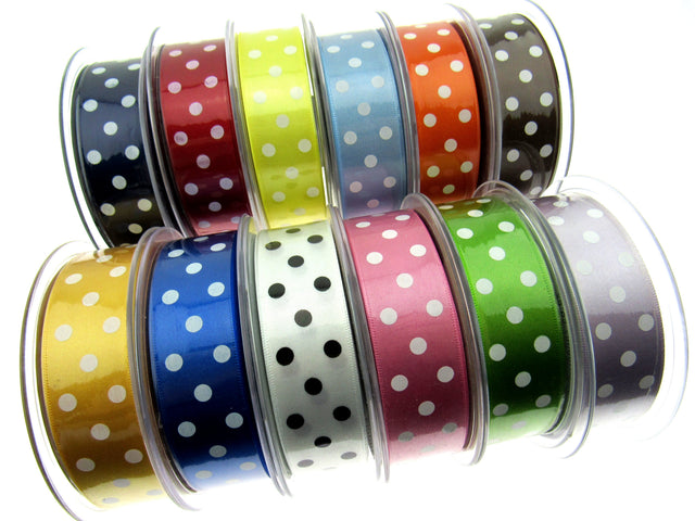 Picture showing beresfords satin ribbon with polka dots.  Angle picture