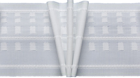 White MOLTO pinch pleat curtain tape by Bandex showing 100mm width, 3-pleat woven pattern segments, and 4 pocket rows for hooks.