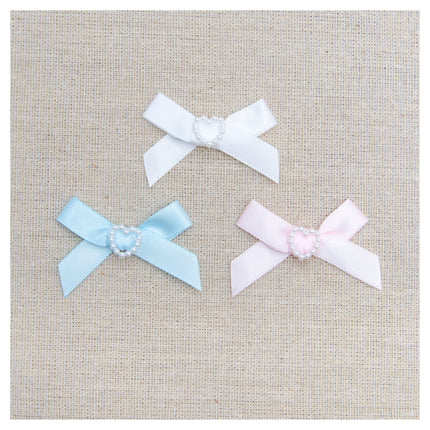 Small Satin Bow with 10mm Pearl Heart - Pink, White Blue - Choice of Pack Sizes - ThreadandTrimmings