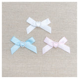 Small Satin Bow with 10mm Pearl Heart - Pink, White Blue - Choice of Pack Sizes
