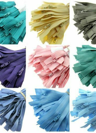 A product display grid highlighting a selection of soft pastel coloured Trebla closed end nylon zips for dressmaking.
