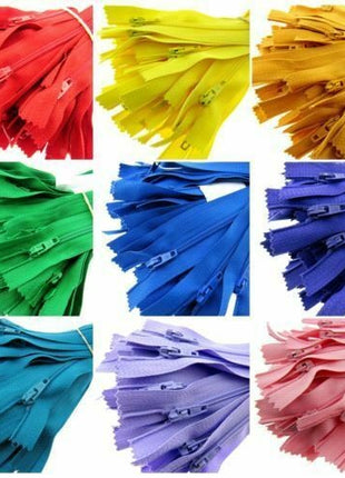 A product display grid showing 9 different bright and vibrant coloured Trebla nylon coil zippers for sewing crafts.
