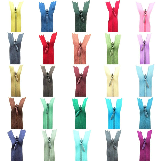 Collection of colorful invisible zippers arranged in a grid on a white background