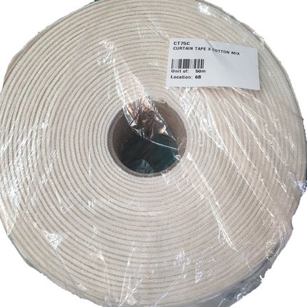 Cream Cotton Mix Curtain Header Pencil Pleat Tape 3 inch / 75mm Wide 50m Roll - ThreadandTrimmings