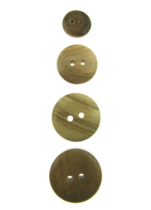 A set of four olive wood domed buttons of varying sizes with two hole designs, arranged vertically on a plain background.