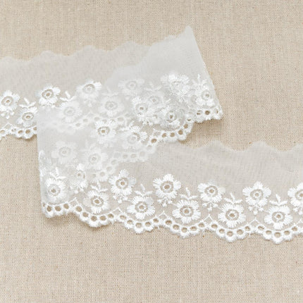 Scalloped Lace with Embroidered Flower 55mm Wide x 3m White, Ivory or Pink 2106 - ThreadandTrimmings