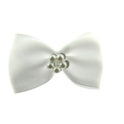 Satin Ribbon Bows With Pearl Ring - "Bow Tie Bows" - 14 Colours - (34mm x 22mm) - ThreadandTrimmings