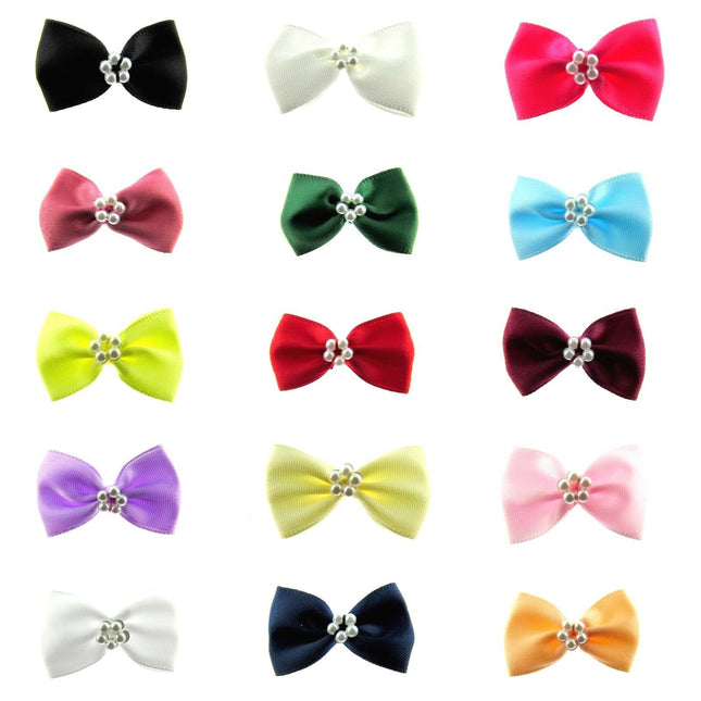 "Satin ribbon bow tie bows with pearl ring centre in pale pink 34mm craft gift wrapping"