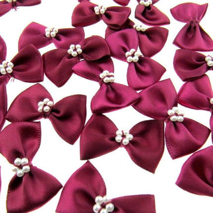 Satin Ribbon Bows With Pearl Ring - "Bow Tie Bows" - 14 Colours - (34mm x 22mm) - ThreadandTrimmings