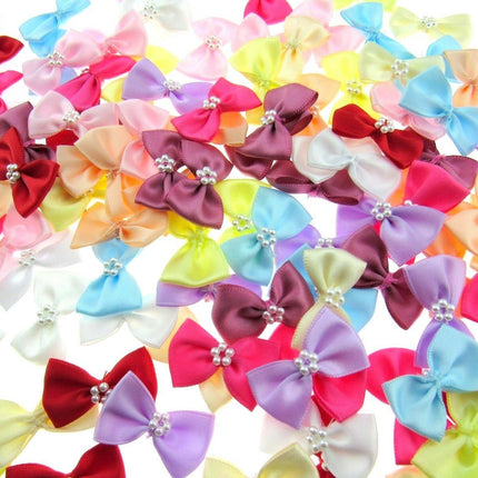 Satin Ribbon Bows With Pearl Ring - "Bow Tie Bows" - 14 Colours - (34mm x 22mm) - ThreadandTrimmings