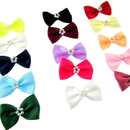 Satin Ribbon Bows With Pearl Ring - "Bow Tie Bows" - 14 Colours - (34mm x 22mm) - ThreadandTrimmings