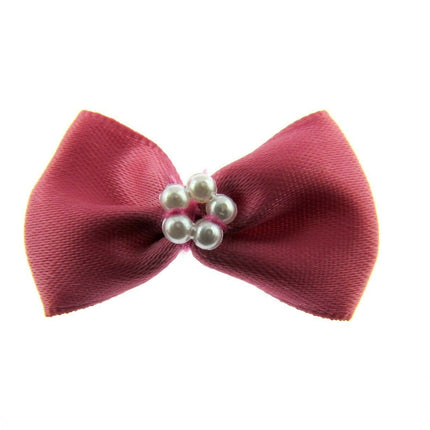 Satin Ribbon Bows With Pearl Ring - "Bow Tie Bows" - 14 Colours - (34mm x 22mm) - ThreadandTrimmings