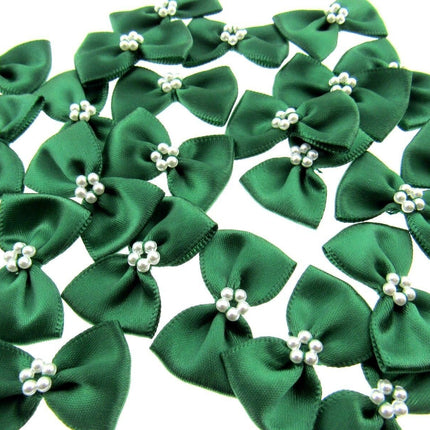 Satin Ribbon Bows With Pearl Ring - "Bow Tie Bows" - 14 Colours - (34mm x 22mm) - ThreadandTrimmings