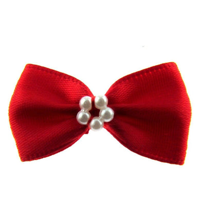 Satin Ribbon Bows With Pearl Ring - "Bow Tie Bows" - 14 Colours - (34mm x 22mm) - ThreadandTrimmings