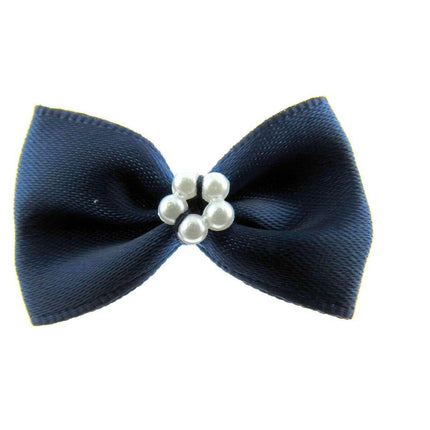Satin Ribbon Bows With Pearl Ring - "Bow Tie Bows" - 14 Colours - (34mm x 22mm) - ThreadandTrimmings