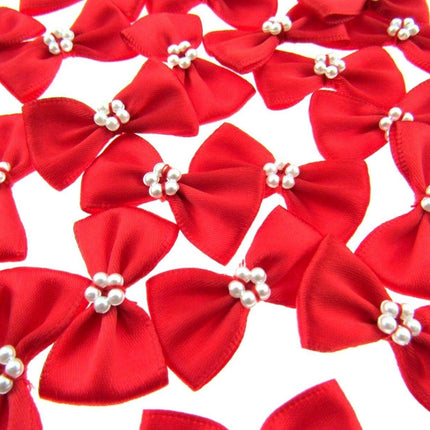 Satin Ribbon Bows With Pearl Ring - "Bow Tie Bows" - 14 Colours - (34mm x 22mm) - ThreadandTrimmings