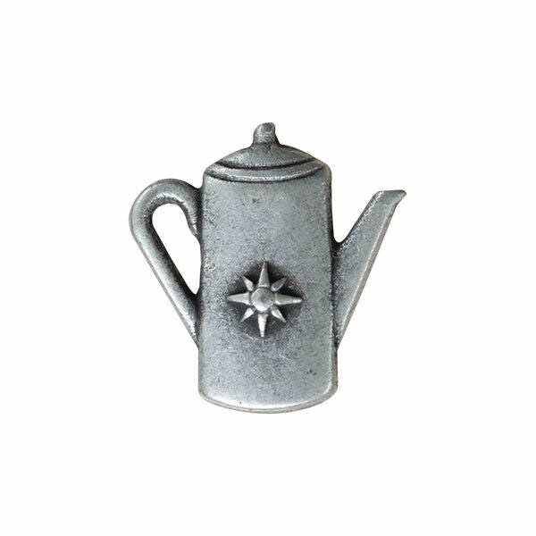 Metallic coffeepot-shaped Buttons with a star design on a white background