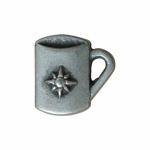 Metallic mug-shaped Button with a star design on a white background