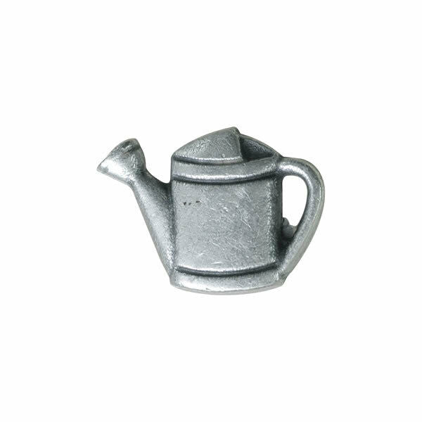 Metallic watering can charm button with shank on a white background