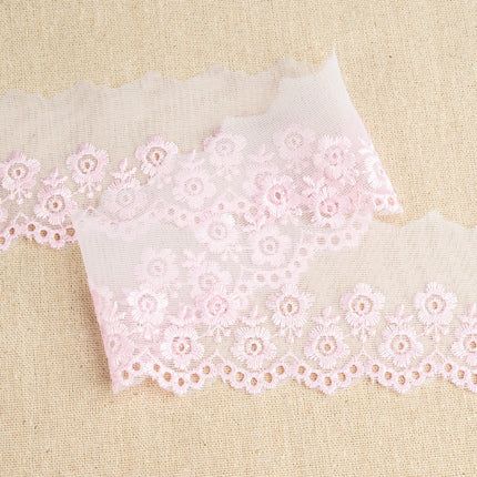 Scalloped Lace with Embroidered Flower 55mm Wide x 3m White, Ivory or Pink 2106 - ThreadandTrimmings