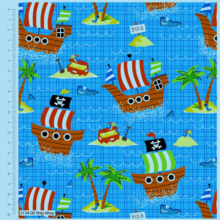 Turquiose Cotton Fabric with Pirate Ship Treasure Island Theme 100% Cotton