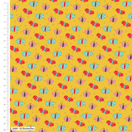 Yellow Cotton Fabric with Colourful Butterfly Printed Theme 100% Cotton - ThreadandTrimmings