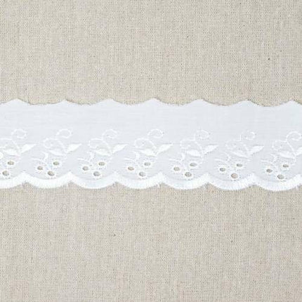 Broderie Anglaise 50mm x 3m White Flat Poly Cotton with Flower Pattern TC9140 - ThreadandTrimmings