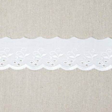 Broderie Anglaise 50mm x 3m White Flat Poly Cotton with Flower Pattern TC9140 - ThreadandTrimmings