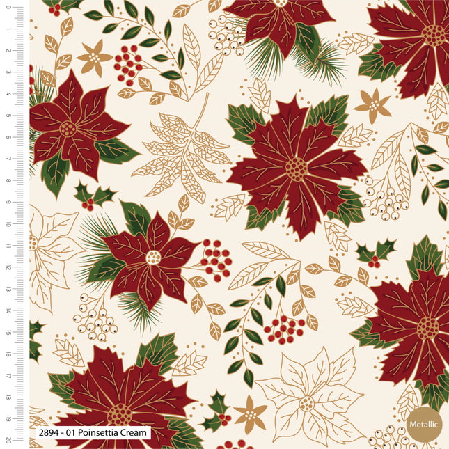 Christmas poinsettia metallic cotton print fabric cream 112cm Thread and Trimmings