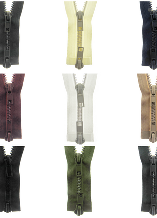 Collection of zippers in various colors on a white background