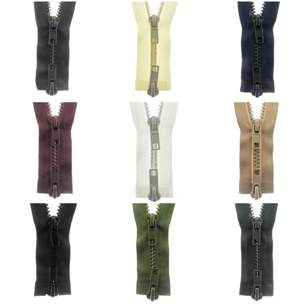Collection of zippers in various colors on a white background